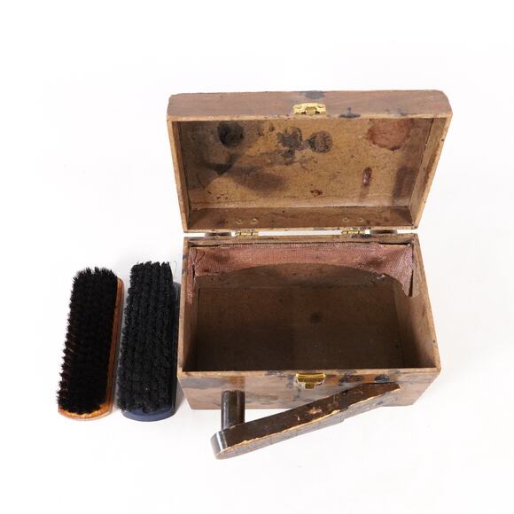 Esquire Shoe Shine Care Wood Chest Box Shoe Polish Kit Foot Rest w/ Brushes - Picture 8 of 14
